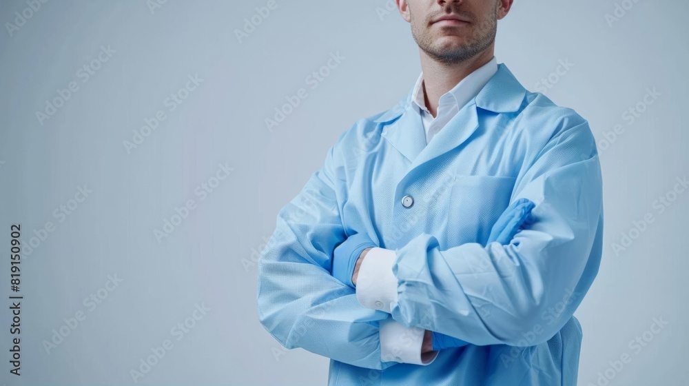 Professional scientist in blue lab coat standing strong and focused Professional scientist in blue lab coat standing strong and focused