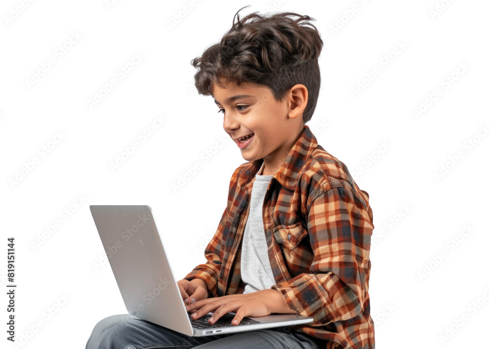 Young Boy Using Laptop on Transparent Background Young Boy Using Laptop on Transparent Background