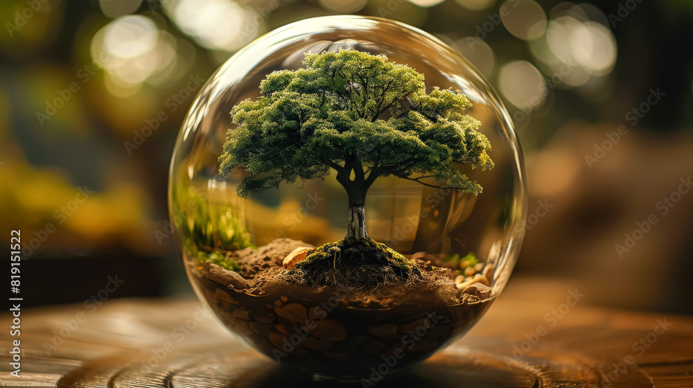 A glass ball with a forest inside it. The glass is clear and the trees are green. The scene is peaceful and calming