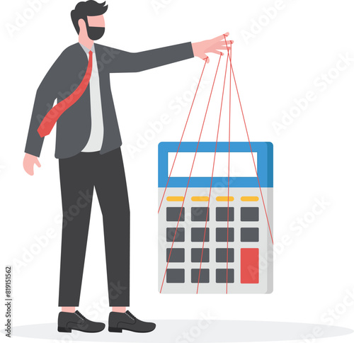 Powerful businessman controls numbers in account and calculator

