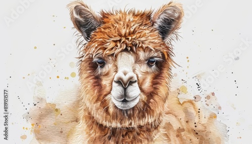 Adorable fluffy alpaca in creamy watercolor