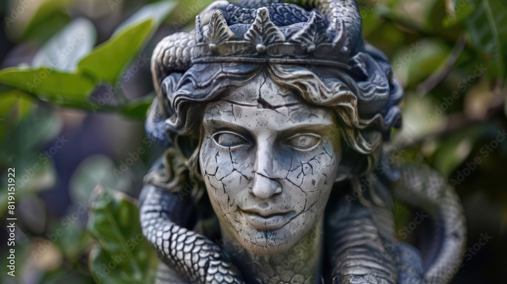 Medusa's Enchanted Reflections. stone statue. Sake, serpent, crown head. Greek mythology. Medusa goddess