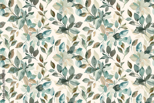 Watercolor leaf pattern in soft green and brown tones, seamless design for elegant decoration, natural tile ornament