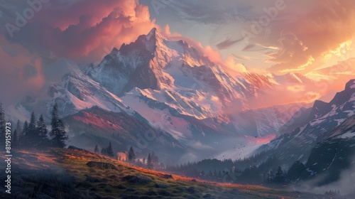 Melancholic mountain landscape illustration, desktop background