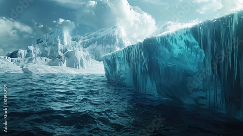 Melting ice glacier in the ocean with climate change concept, ice floe landscape background. photo