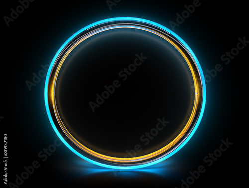 Colorful neon light frame. Blue neon ring frame on a black background. Futuristic neon blue and orange circle frame. vector illustration.