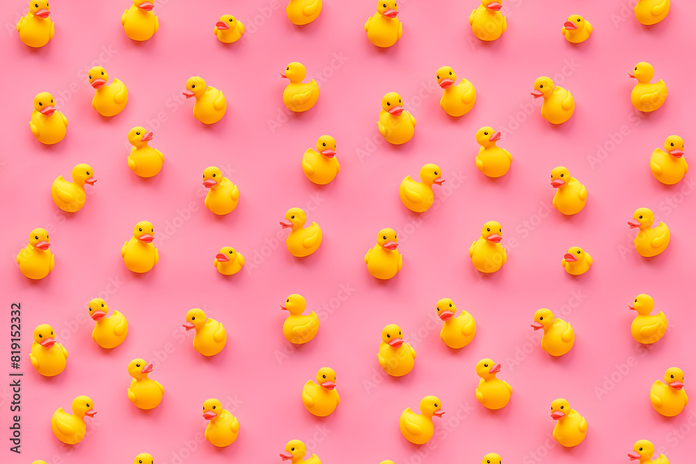 Yellow rubber ducks pattern on a pink background, seamless design for playful and fun decoration Yellow rubber ducks pattern on a pink background, seamless design for playful and fun decoration
