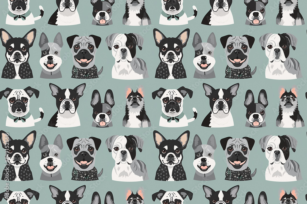 Fototapeta premium Seamless pattern with cute cartoon dogs on a green background