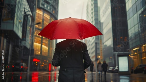 Person from the back, holding a large red umbrella, walking down a wet city street photo