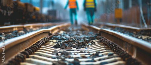 Railway workers walking on railroad tracks.