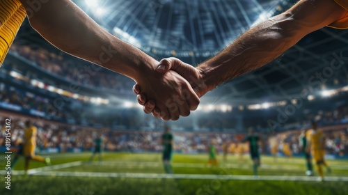 Sportsmanship handshake against the backdrop of a soccer match. Concept of Football World Cup and sports competition between international teams.