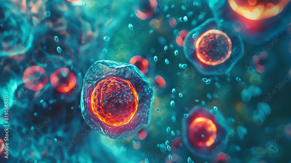 A beautiful glowing blue and red cell. A beautiful glowing blue and red cell.