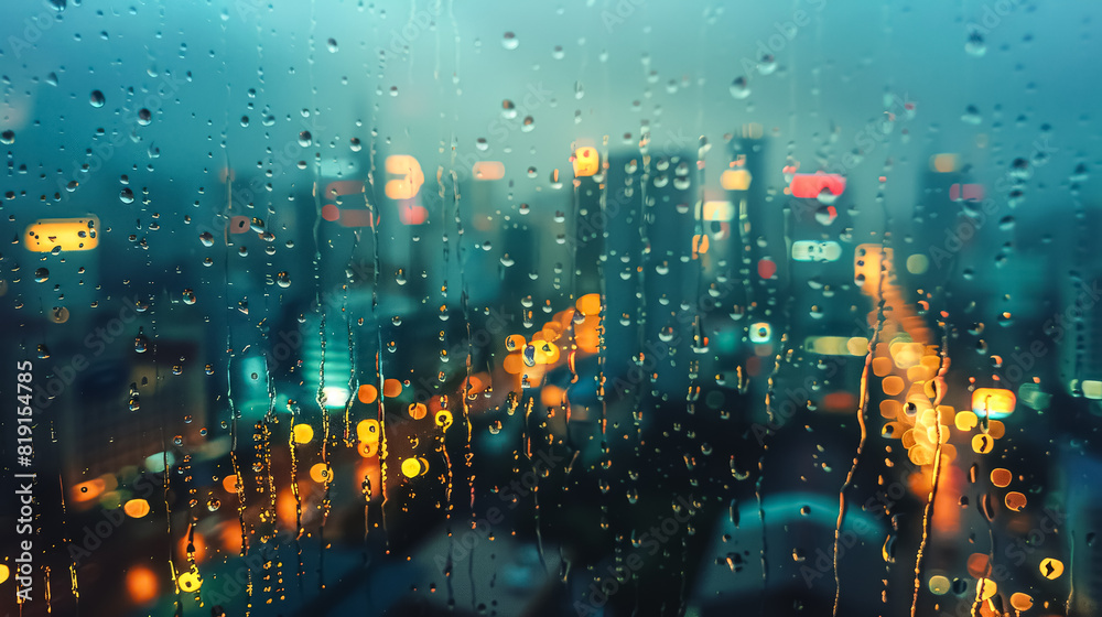 Fototapeta premium A city view with raindrops on the window. The city lights are reflected in the raindrops, creating a moody and atmospheric scene