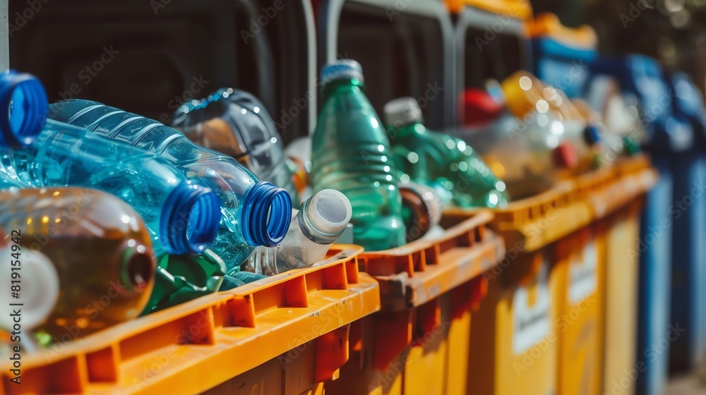 Image shows a variety of plastic bottles and containers in a recycling bin. Image shows a variety of plastic bottles and containers in a recycling bin.