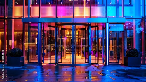 The entrance to the hotel was a revolving door made of glass and steel
