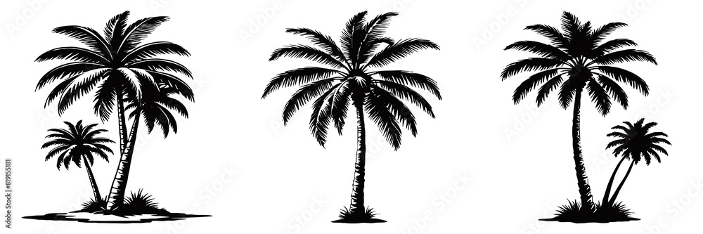 Illustration of a palm tree. Black tropical tree on a white background. Generated by Ai Illustration of a palm tree. Black tropical tree on a white background. Generated by Ai