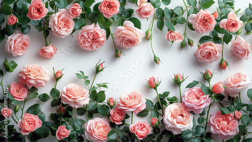 Blush pink roses frame on white background. Various creamy pink roses flowers and buds layout on white background with copy space. Top view, flat lay