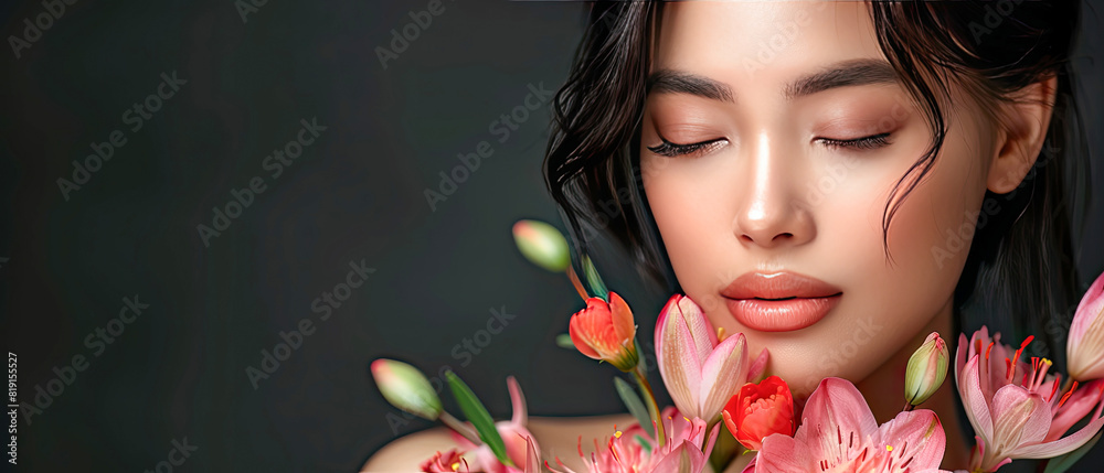 Fototapeta premium Beauty face of young woman with flower. Beauty treatment concept. Generative AI