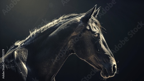 Close up of a horse's head against a black background. Suitable for various design projects