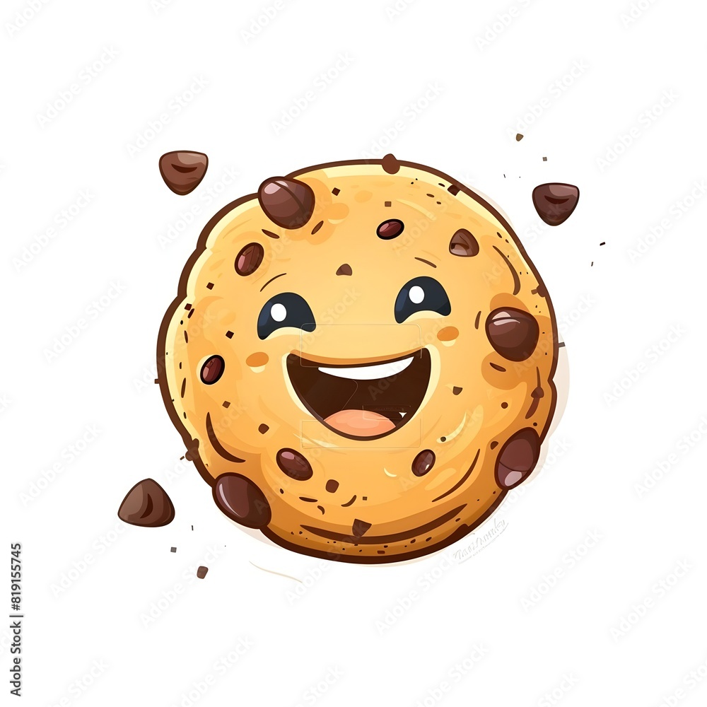 Delightfully Cheerful Chocolate Chip Cookie with a Radiant Smile on a Pristine White Background Delightfully Cheerful Chocolate Chip Cookie with a Radiant Smile on a Pristine White Background