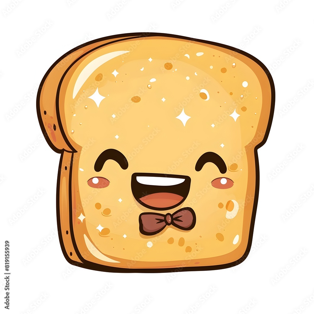 Smiling Bread Slice with Bow Tie on White Background,Cute Cartoon Food Smiling Bread Slice with Bow Tie on White Background,Cute Cartoon Food