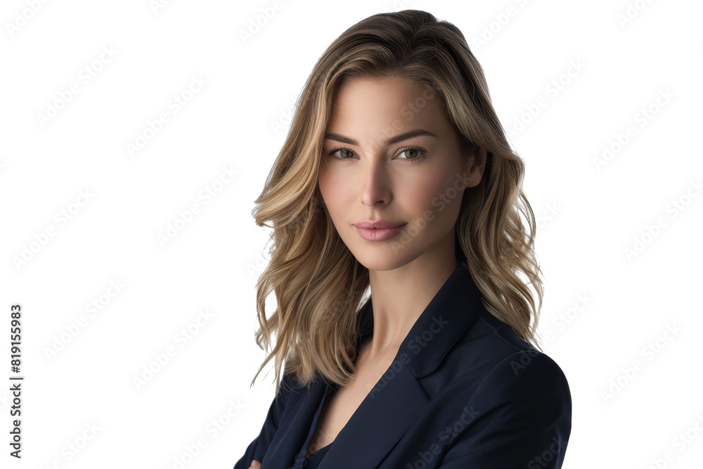 Confident businesswoman in a navy blazer with blonde hair smiling at camera, isolated on transparent background. Confident businesswoman in a navy blazer with blonde hair smiling at camera, isolated on transparent background.