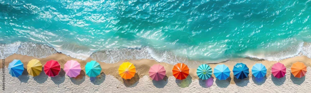 Beautiful white beach with two rows of colorful parasols. Beautiful white beach with two rows of colorful parasols.
