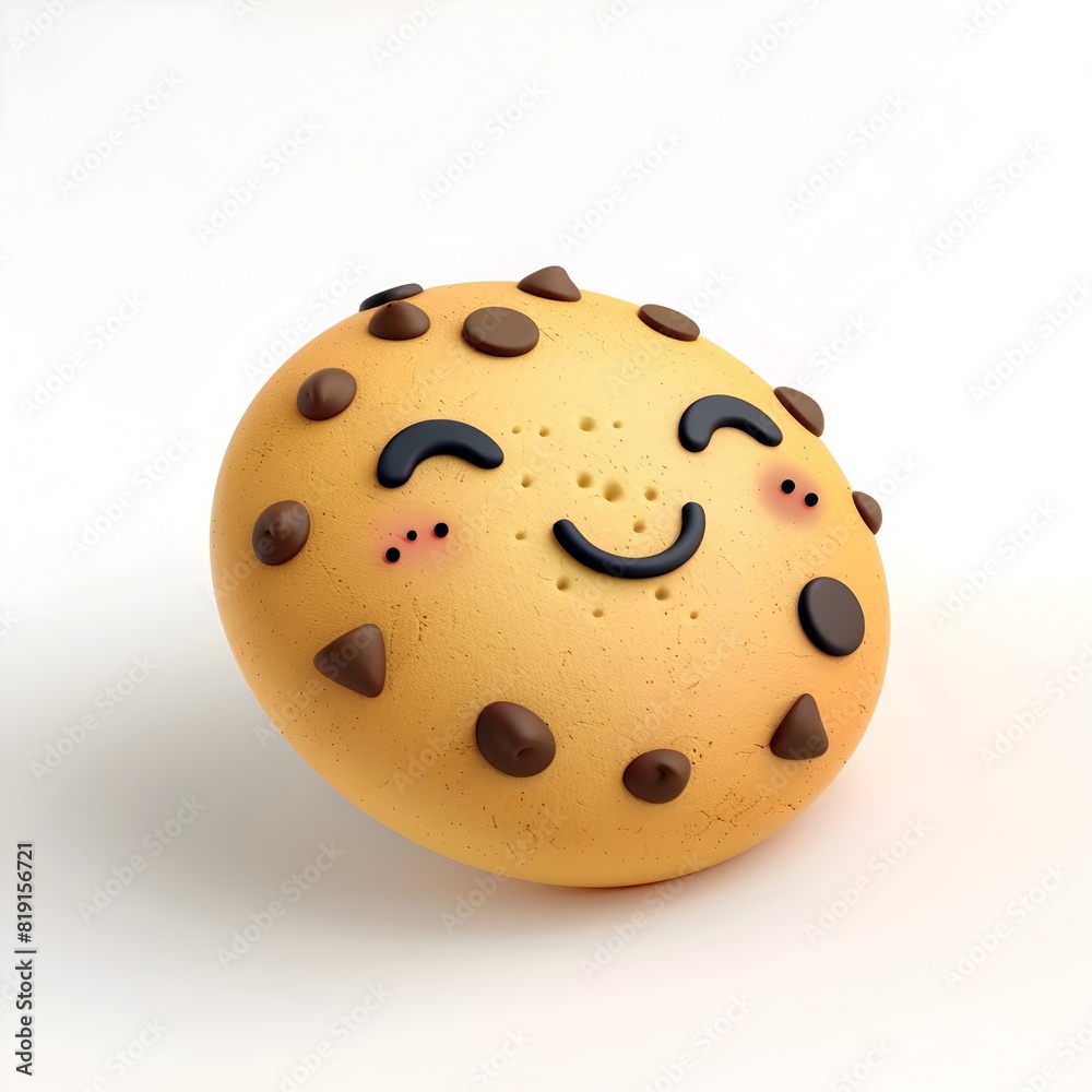 Fototapeta premium Adorable Chocolate Chip Cookie with Cheerful Chibi-Style Face on Isolated White Background