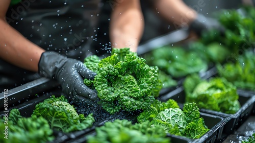 Workers wearing gloves wash fresh kale under running water at a vegetable processing plant, ensuring cleanliness and quality for consumers. photo