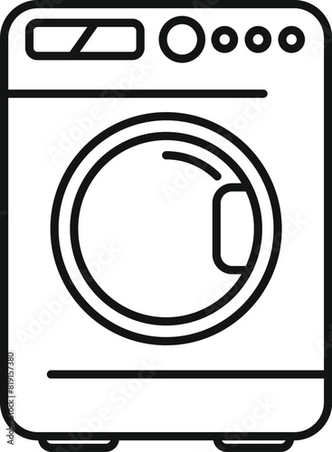 Black and white line drawing of a modern frontloading washer, suitable for manuals or appliancethemed designs
