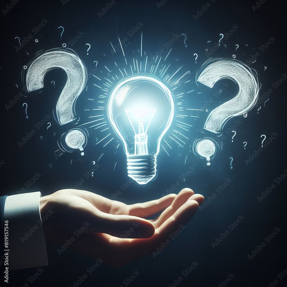 Conceptual image of a glowing light bulb surrounded by question marks ...