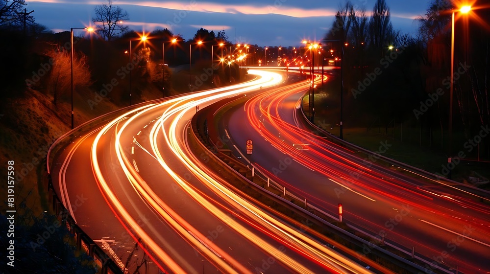 a dynamic scene of a bustling city at night, motion blur of traffic with streaks of red tail lights