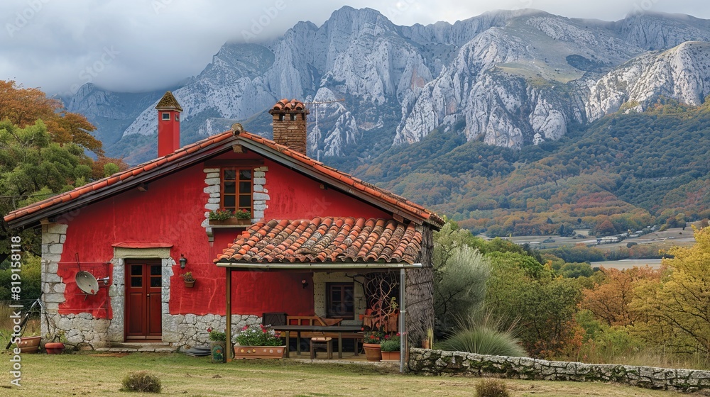 Isolated red house in the mountains, beautiful typical northern European house in an isolated landscape.