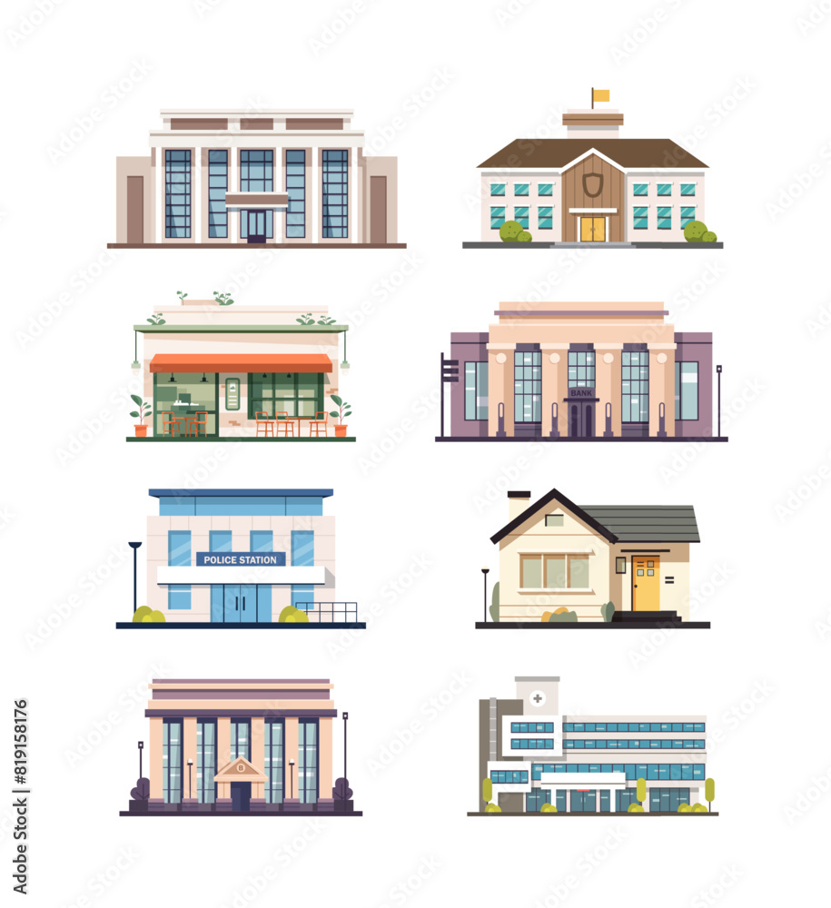 Old city buildings facades set. Urban architecture, house exteriors. Europe real estate, classic churches, front view. Town constructions. Flat vector