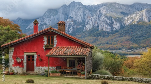 Isolated red house in the mountains, beautiful typical northern European house in an isolated landscape.