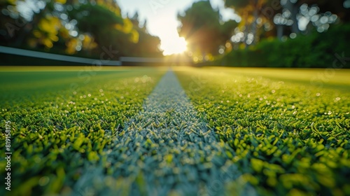 ground level close-up of a freshly mowed grass tennis court, sunrise tennis court, tennis club tournament. 