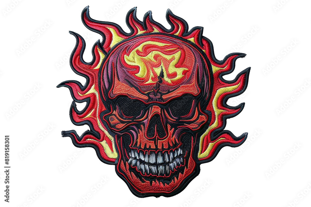 Fiery skull with vibrant red and yellow flames on a black background. Perfect for edgy designs and Halloween themes.