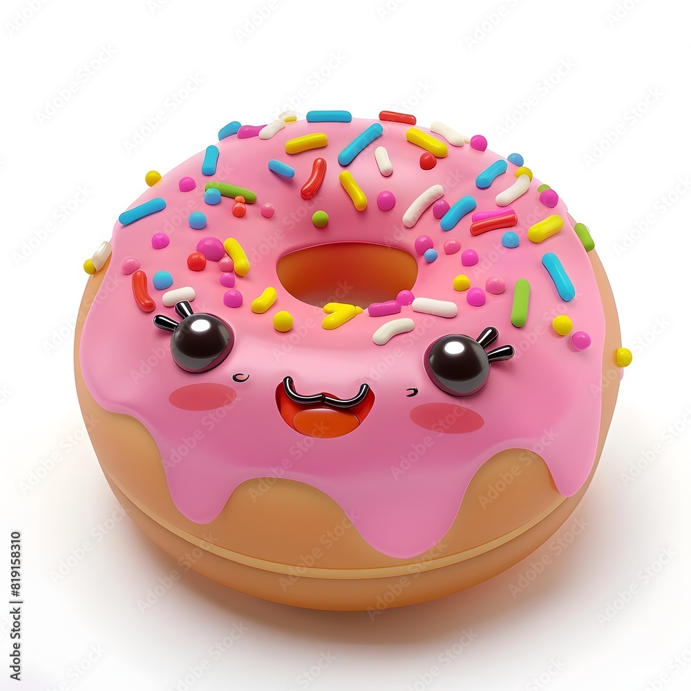 Cheerful Chibi-Style 3D Rendered Donut with Vibrant Rainbow Sprinkles and Pink Icing on Isolated White Background Cheerful Chibi-Style 3D Rendered Donut with Vibrant Rainbow Sprinkles and Pink Icing on Isolated White Background