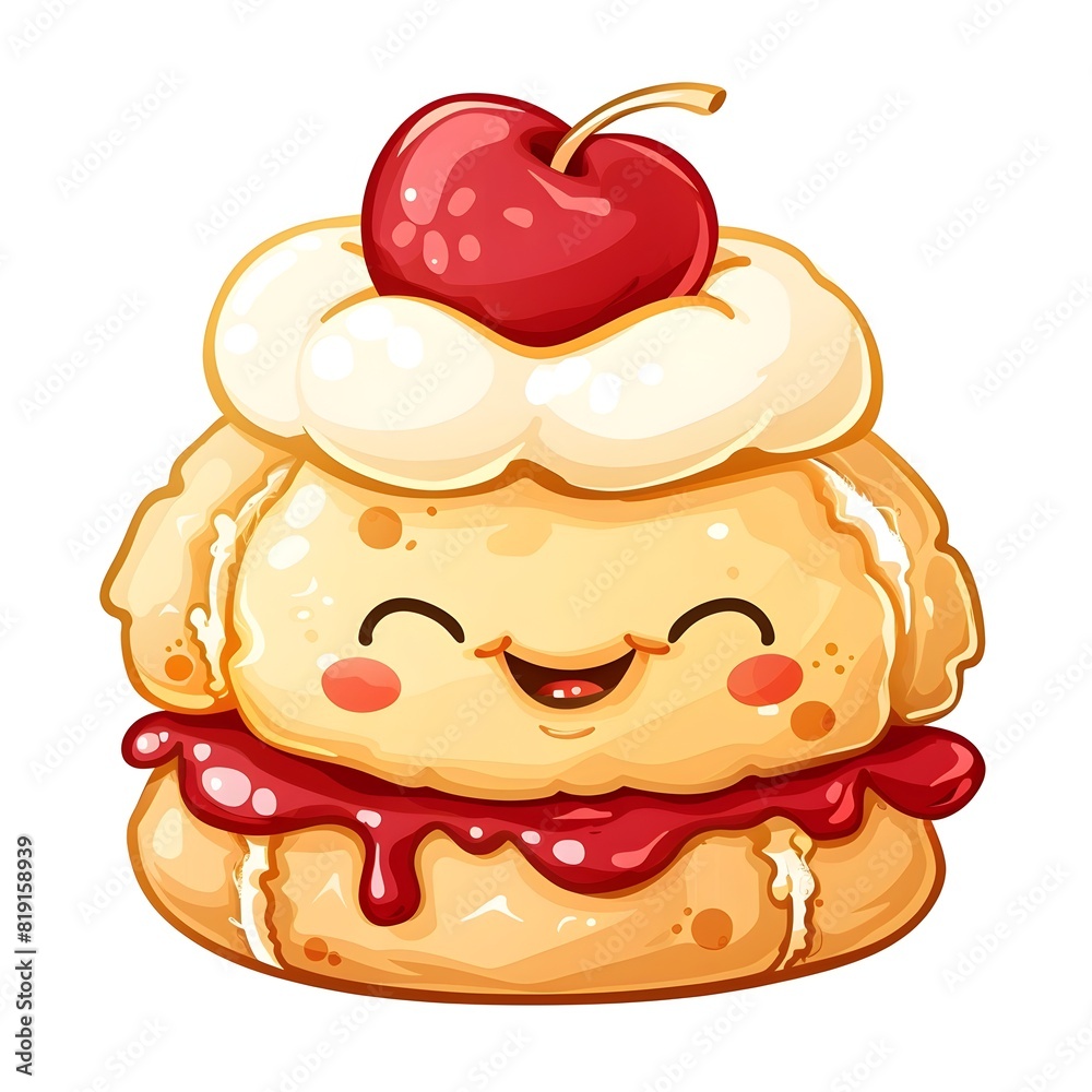 Cheerful Scone with Cream and Jam on White Background in Cute Chibi Style Cheerful Scone with Cream and Jam on White Background in Cute Chibi Style