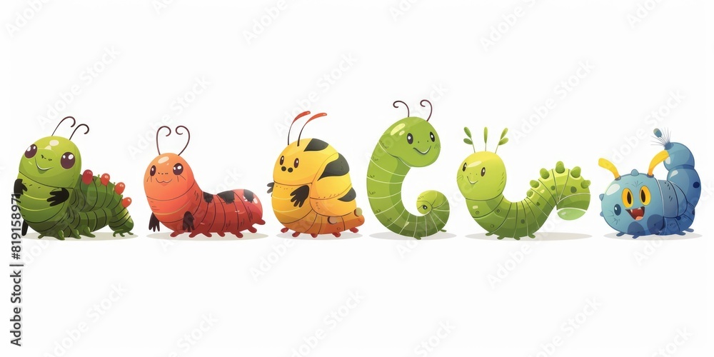 Obraz premium A group of cartoon caterpillars standing in a row. Suitable for educational materials
