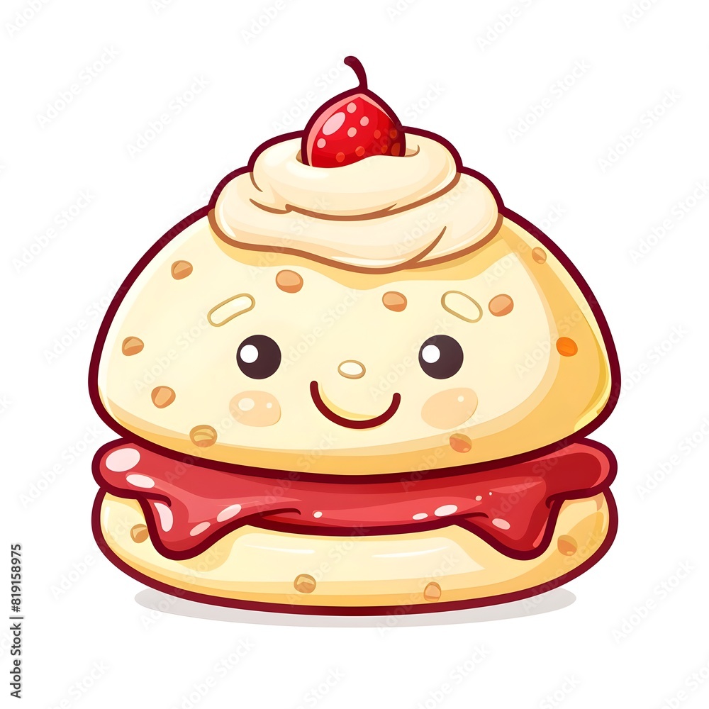 Cheerful Scone with Jam and Cream,Whimsical Chibi on White Background Cheerful Scone with Jam and Cream,Whimsical Chibi on White Background
