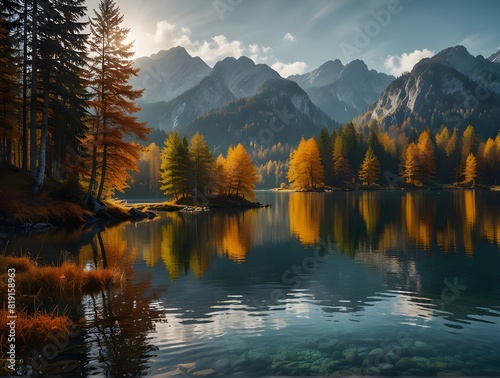 Beautiful sunset over the Hintersee lake in Austria, with mountains and trees reflecting on the water. photo