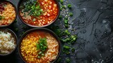 spicy ramen with chili, sweet and sour miso soup, noodles with vegetables Thai style, top view.