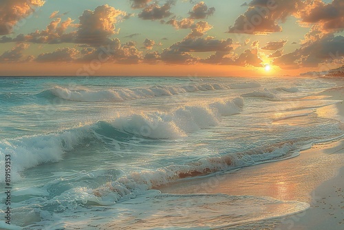 A beach with waves at sunset in cancun, high quality, high resolution © Huyen