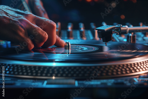 DJ's hand spinning a vinyl record on a turntable