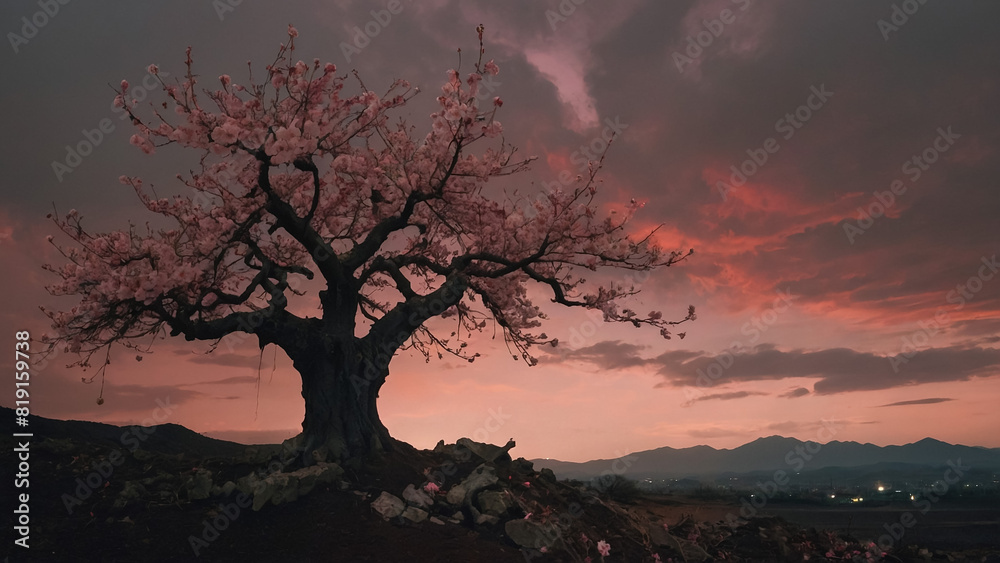Digital art of a single cherry blossom tree at the top of a hill mountain in a sunset. 3D, Illustration 3D. Digital art of a single cherry blossom tree at the top of a hill mountain in a sunset. 3D, Illustration 3D.