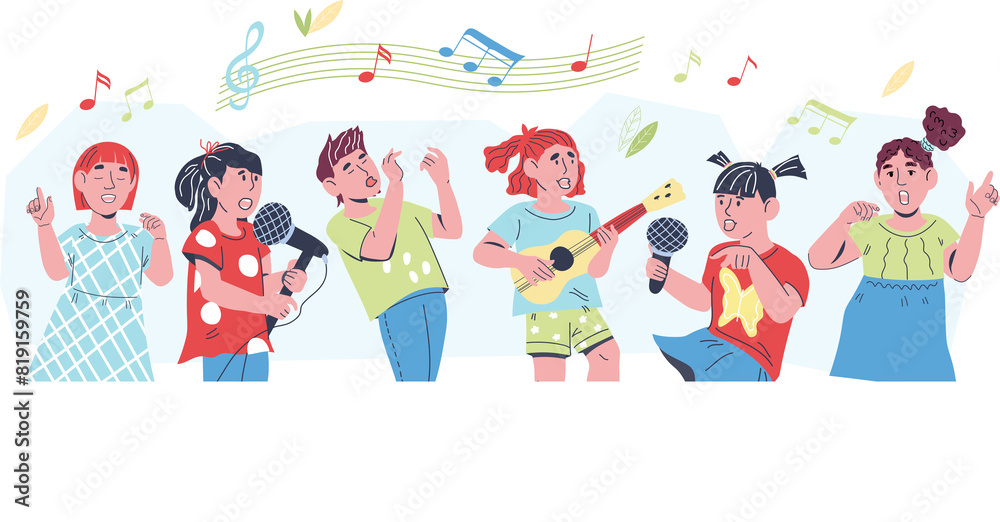 Children play different musical instruments and sing a song. Children's orchestra and music classes banner or poster background design.