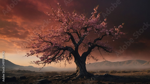 Digital art of a single cherry blossom tree at the top of a hill mountain in a sunset.  3D  Illustration 3D.