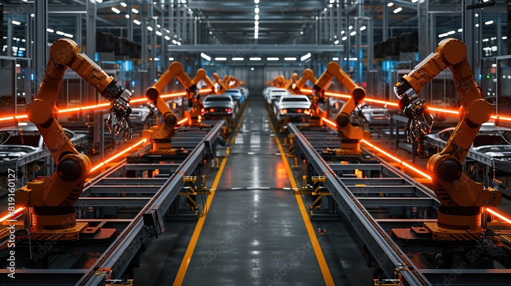 a factory floor with a yellow line and ceiling, featuring a conveyor belt a factory floor with a yellow line and ceiling, featuring a conveyor belt