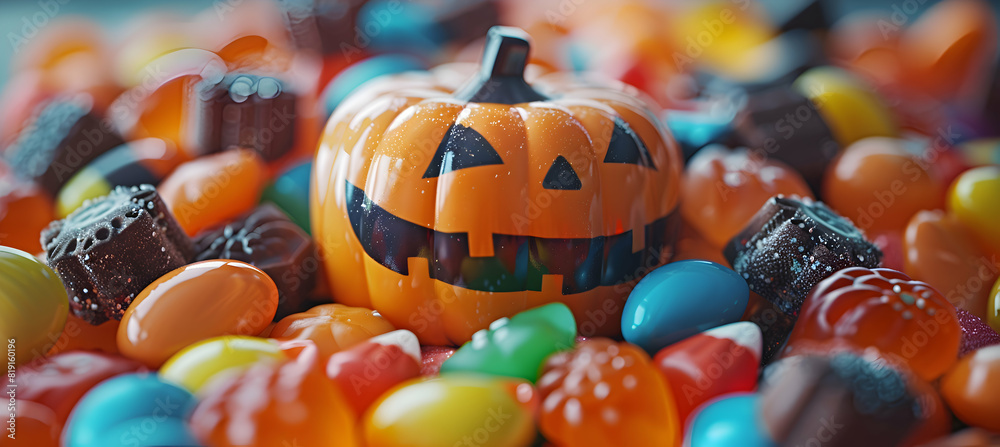 A close-up of a Halloween candy bowl filled with a variety of colorful candies and chocolates A close-up of a Halloween candy bowl filled with a variety of colorful candies and chocolates
